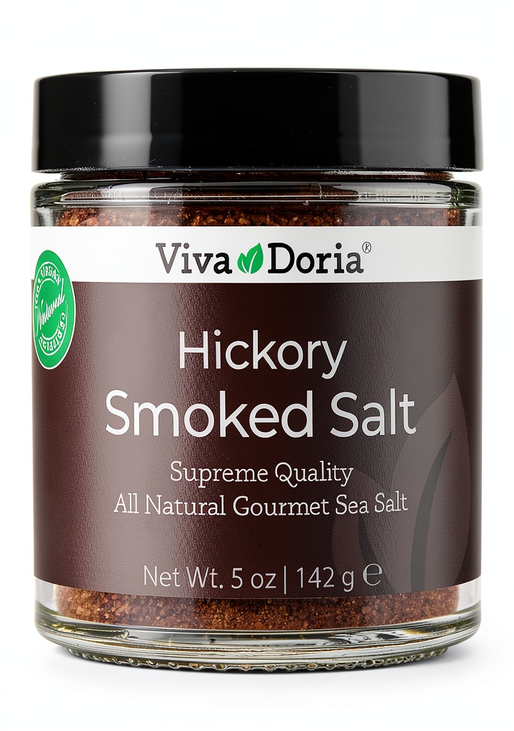 Hickory Smoked Sea Salt Viva Doria Gourmet Reclosable Glass jar displayed on a wooden kitchen counter