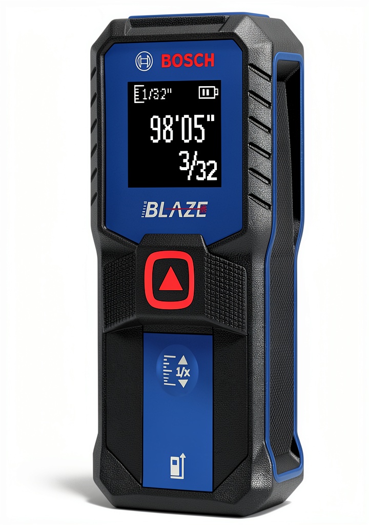 'Bosch GLM100-23 laser measure displaying distance on backlit screen'