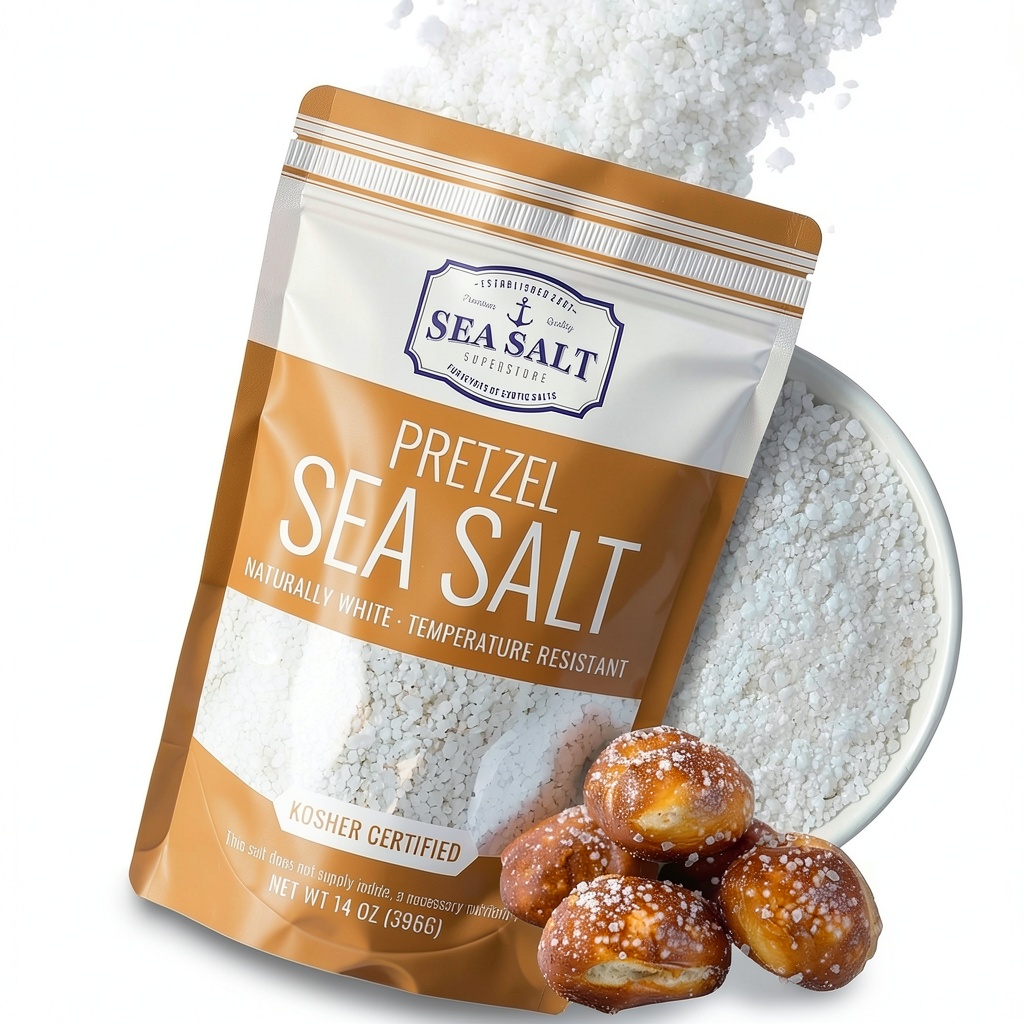 Coarse pretzel salt sprinkled on freshly baked pretzels